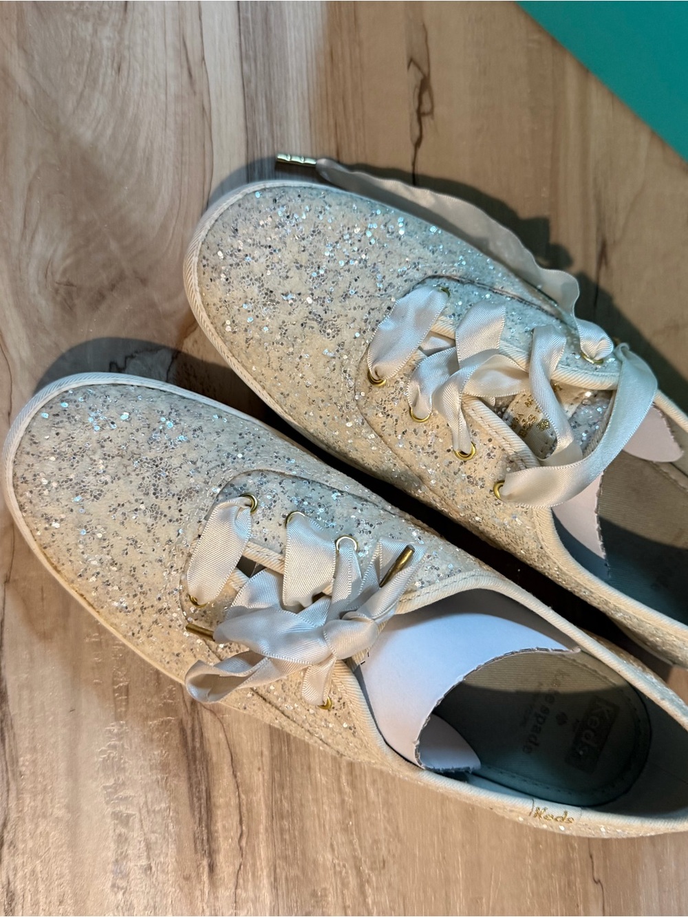 Glitter Ribbon Lace Sneakers in White with Gold Accents